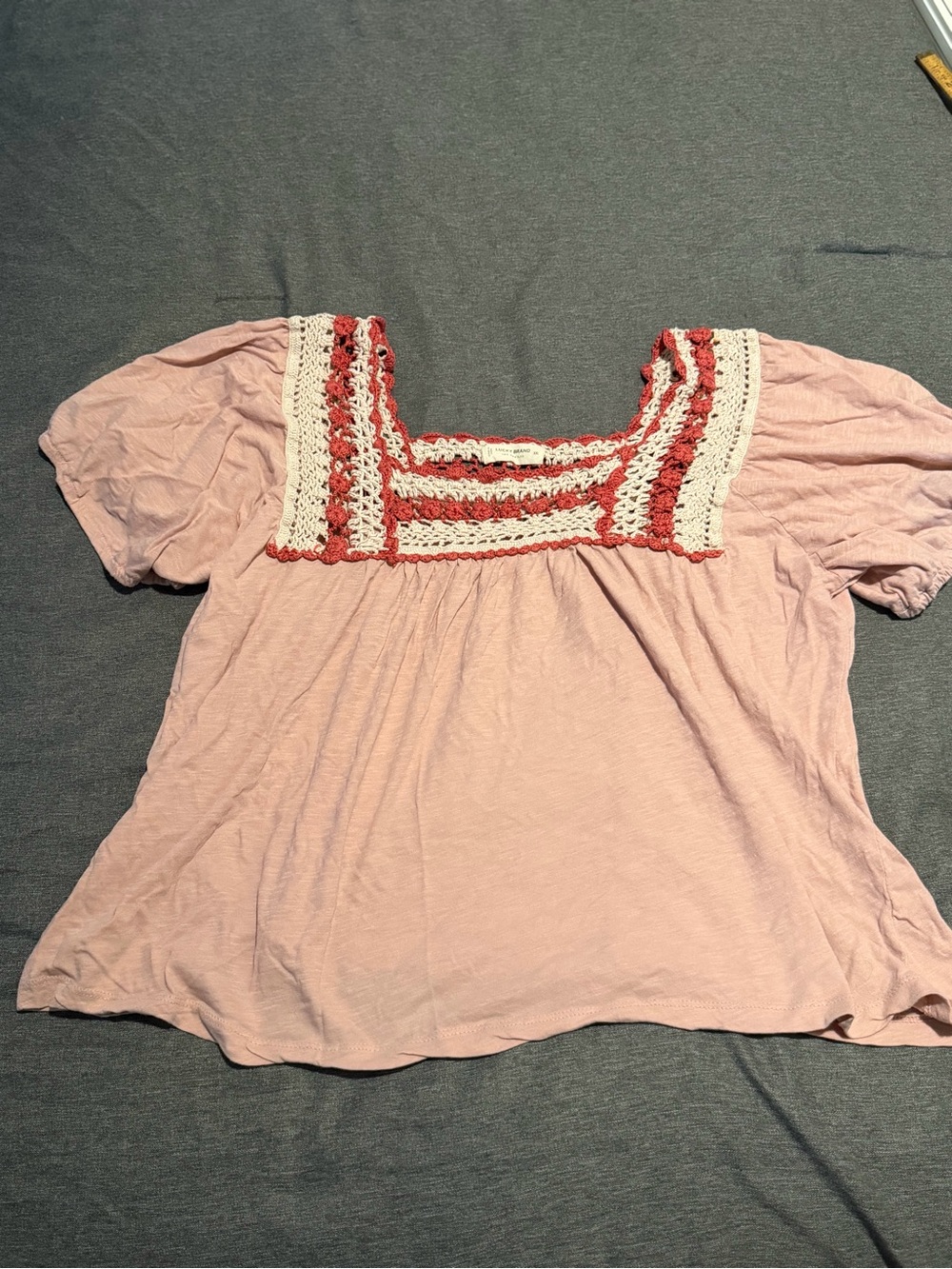 Lucky Brand Pink Top with Cream and Rust Crochet Yoke